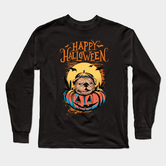 Halloween Happy Halloween Funny Pug Costume Long Sleeve T-Shirt by Pummli